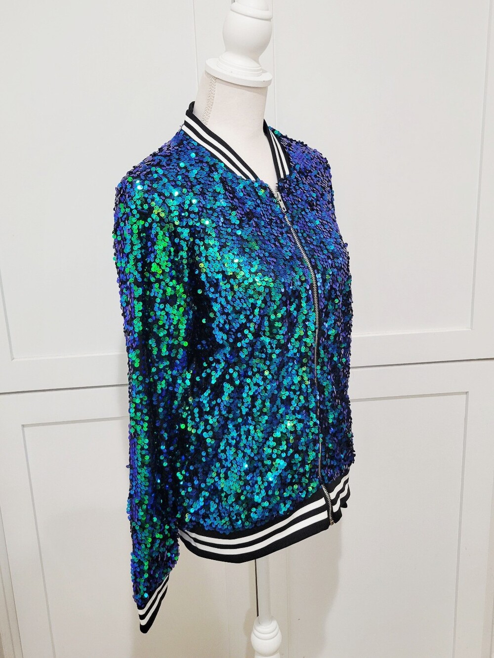 Blue/Green Sequined Zip Front Bomber Jacket | Size Large - Picture 2 of 7